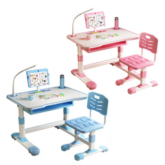 Kids Study Desk Chair Set, Height Adjustable Writing Table with Tiltable Reading Stand LED Table Light, Children Learning Table