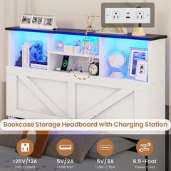 Twin Size Bed Frame with Bookcase Storage Headboard Charging Station & LED Lights Wooden Bed Frames Featuring 4 Drawers
