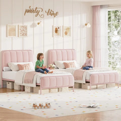 Twin Size Upholstered Pink Bed Frame with Button Tufted Headboard