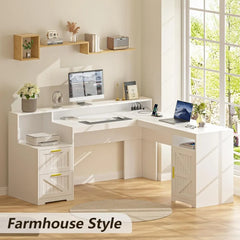 63" Farmhouse L Shaped Executive Desk with Drawers & Storage Shelf, Corner Computer Desk with Power Outlets, L Shaped Office Des
