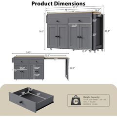 74.5" Kitchen Island with Extendable Dining Table,Rolling Kitchen Island on Wheels, Storage Cart with 4 Door Cabinet, Spice Rac