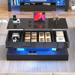 High Glossy LED Coffee Tables for Living Room, Center Table with Open Display Shelf & Large Storage Space, White Coffee Table
