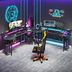 75 Inch Gaming Desk with Monitor Shelf, Large PC Computer Desk with LED Lights, Gaming Table Gamer Desk for Bedroom, Home Office