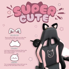 Dowinx Gaming Chair Cute with Cat Ears and Massage Lumbar Support, Ergonomic Computer Chair for Girl with Footrest and Headrest