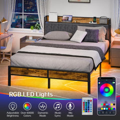 LED Queen size Bed Frame with Headboard, Metal Platform Bed with USB Charging Station, Easy Assembly, No Box Spring Needed