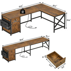 63" L Shaped Farmhouse Convertible Desk with Drawer, Power Strip & Storage Cabinet