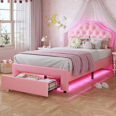 Twin Size Girl Bed with Storage Drawer,Upholstered Platform Bed,Adjustable Headboard with Velvet Crystal Button Princess BedPink
