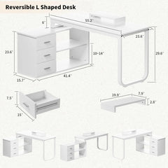 L-Shaped Desk with Drawers and Shelves, 55" Craft Desk with Storage, Removable Monitor Stand, Reversible L-Shaped Desk