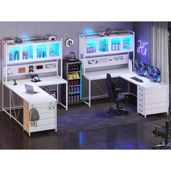 L Shaped Computer Desk with Hutch and Storage Shelves, Gaming Desk, Led Lights, and Power Outlet, Home Office Desk, Corner Desk