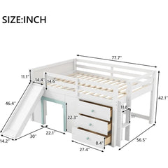 Playful Design Full Size Low Loft Bed with Slide and 3 Storage Drawers, Multiple Functions Wooden Loft Bed Frame with 2 Doors fo