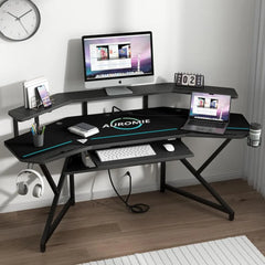 Gaming Desk with Power Outlet & LED Light, 72" Large Wing-Shaped Computer Desk w Monitor Stand & Keyboard Tray & Full-Size Mouse