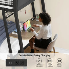 Bunk Bed with Desk, Twin Over Twin Metal Bunk Beds with Power Outlets, RGB LED Lights, 2 Larger Storage Drawers, Bed with Safety