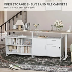 L-Shaped Executive Standing Desk with File Cabinet and Shelves, Electric Height Adjustable, Light Walnut