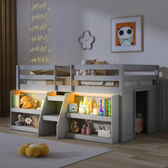 Kids Loft Bed with LED Light, Wooden Double Loft Bed with Stairs and Safety Guardrail, with Storage Bookcase