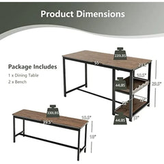 3-Piece Dining Table Set for 4, Rustic Pub Dining Table with 2 Benches, 2 Storage Shelves and Glass Holder, Breakfast Kitchen