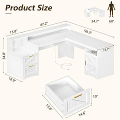 63" Farmhouse L Shaped Executive Desk with Drawers & Storage Shelf, Corner Computer Desk with Power Outlets, L Shaped Office Des