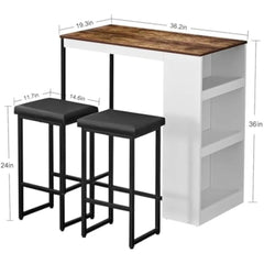 3 Piece Dining Table Set Kitchen Bar Table with Two Stool Storage Shelves Counter Height Table Top Dining Room Home