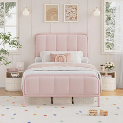 Twin Size Upholstered Pink Bed Frame with Button Tufted Headboard