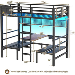 Twin Over Twin Bunk Bed with Led Lights, Charging Station, Desk and Seat