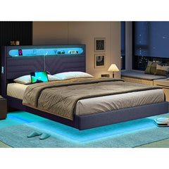 Queen Floating Bed Frame with RGB LED Lights Headboard, USB-C/A Power Combo, Linen Upholstered Platform Bed with Storage Headboa