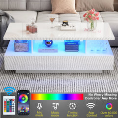 43 Inch LED Coffee Table w/2 Storage Drawers, Modern High Gloss Coffee Table w/Display Shelf, Rectangle 2-Tier Center Table