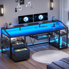 63" Computer Desk, Office Desk with Lockable Drawers for Legal/Letter File, Gaming Desk with LED Lights & Power Outlet, Home Of