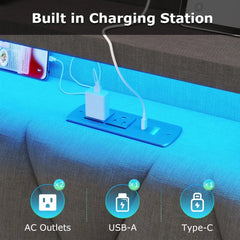 King Size Bed Frame with Marshmallow Headboard and Storage, Metal Bed Frame with LED Lights & Charging Station, Upholstered Plat