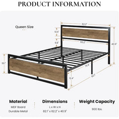 Heavy Duty Platform Metal Base Bed Frame with Modern Headboard