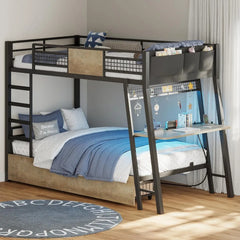 Bunk Bed with Desk, Twin Over Twin Metal Bunk Beds with Power Outlets, RGB LED Lights, 2 Larger Storage Drawers, Bed with Safety