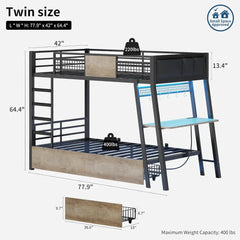 Bunk Bed with Desk, Twin Over Twin Metal Bunk Beds with Power Outlets, RGB LED Lights, 2 Larger Storage Drawers, Bed with Safety