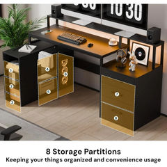 65.7" L Shaped Desk with Drawers, Corner Computer Gaming Desk with Power Outlet & LED Light, Office Desk with File Drawer