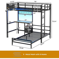 Bunk Bed Twin Over Twin Size with Desk and Charging Station L-Shaped Metal Bunk Bed with Led Lights & Storage Shelves and Drawe