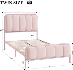 Twin Size Upholstered Pink Bed Frame with Button Tufted Headboard