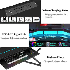 Gaming Desk with Power Outlet & LED Light, 72" Large Wing-Shaped Computer Desk w Monitor Stand & Keyboard Tray & Full-Size Mouse