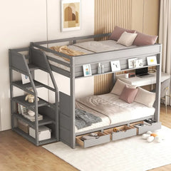 Full/Double Bunk Beds with Stairs, Built-in Small Shelf, and 3 Drawers