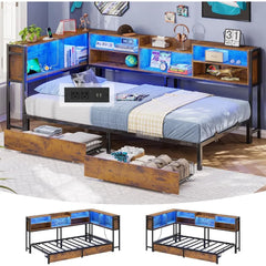 Twin Corner Bed Frame with Storage Bookcase, Storage Drawers, and Charging Station