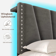 EnHomee King Size Bed Frame with Velvet Headboard and LED Lights, Storage Headboard Platform Bed with Charging Station, Sturdy W