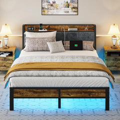 LED Queen size Bed Frame with Headboard, Metal Platform Bed with USB Charging Station, Easy Assembly, No Box Spring Needed