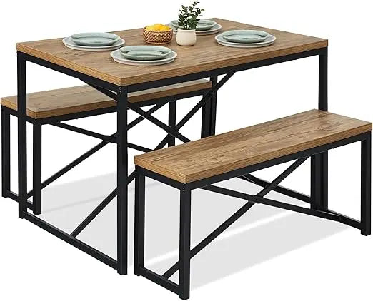 45.5in 3-Piece Bench Style Dining Furniture Set, 4-Person Space-Saving Dinette for Kitchen, Dining Room w/ 2 Benches, Table - L