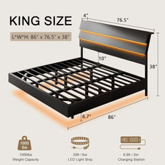 Floating Bed Frame King Size with Led Headboard and Charging Station, Metal Platform Bed Base with Storage, Remote Control, Heav