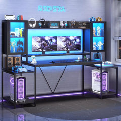 Gaming Desk 74.8'' with LED Lights, Hutch and Storage Shelves, Computer Desk with Monitor Stand, Large PC Gamer Desk Workstatio