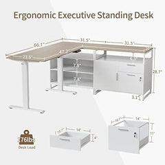 L-Shaped Executive Standing Desk with File Cabinet and Shelves, Electric Height Adjustable, Light Walnut