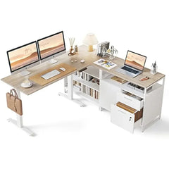 L-Shaped Executive Standing Desk with File Cabinet and Shelves, Electric Height Adjustable, Light Walnut