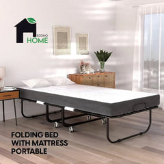 Folding Bed with Mattress - 75x31 Cot Size Frame - Portable Rollaway Guest Bed with 5-inch Memory Foam Mattress - Space-Saving