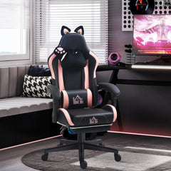 Cute Racing Gamer Chair, Faux Leather Gaming Chair with Footrest, Headrest and Lumbar Support, Black