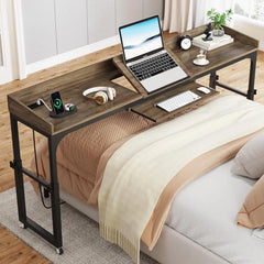 Height Adjustable Overbed Table with Wheels for Queen Size Bed