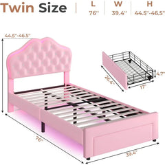 Twin Size Girl Bed with Storage Drawer,Upholstered Platform Bed,Adjustable Headboard with Velvet Crystal Button Princess BedPink