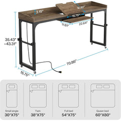 Height Adjustable Overbed Table with Wheels for Queen Size Bed