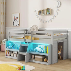 Kids Loft Bed with LED Light, Wooden Double Loft Bed with Stairs and Safety Guardrail, with Storage Bookcase
