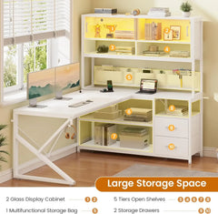 L Shaped Gaming Corner Desk with 2 Drawer and Bookshelf and LED Light